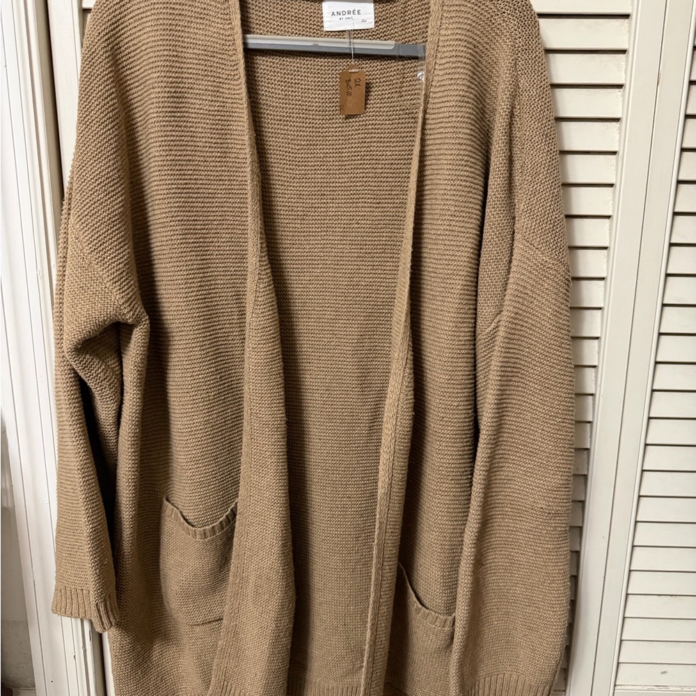 ANDREE BY UNIT Camel Open-Front Knit Cardigan with Pockets